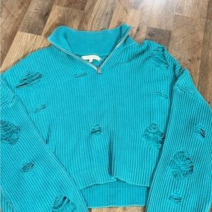 Gilded Intent Turquoise Zippered Sweater